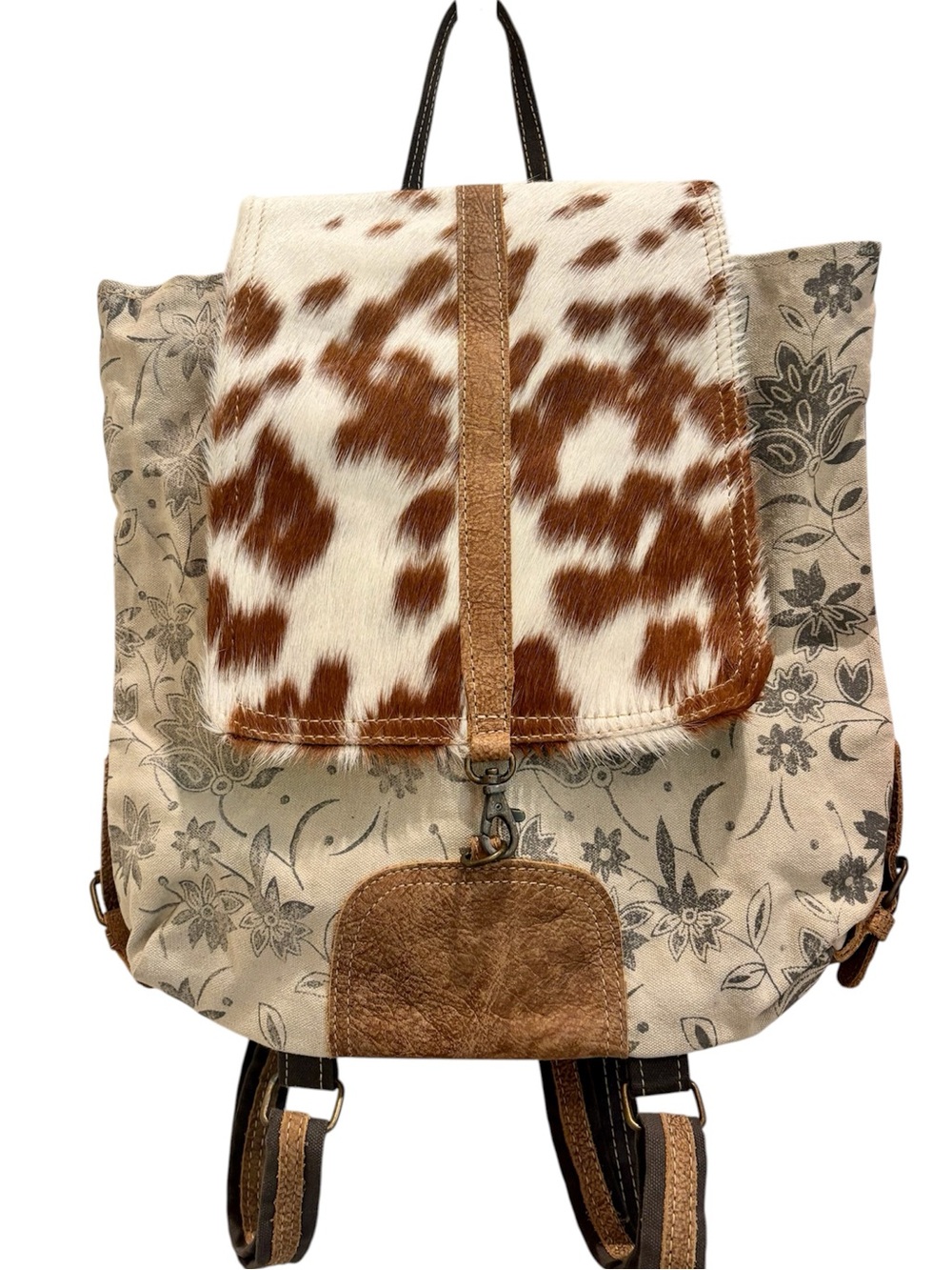 Myra Bag Backpack Floral and Cowhide Purse Shabby Chic Mixed Materials